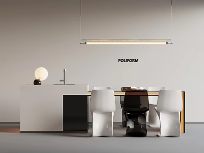 Modern Kitchen Interior With Island Counter Dining Chairs And Pendant Lighting 3d model