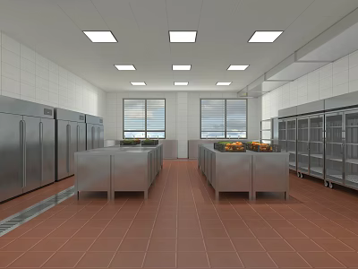 Commercial Catering Kitchen Interior With Stainless Steel Worktables Refrigerators Tile Flooring And Windows 3d model