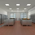 Commercial Catering Kitchen Interior With Stainless Steel Worktables Refrigerators Tile Flooring And Windows