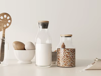 Stylish Kitchen Tools With Glass Jars Milk Bottle Eggs And Wooden Spoon 3d model