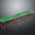Vintage Outdoor Bench With Green Striped Surface And Red Metal Frame