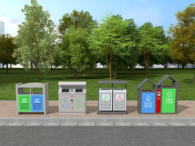 Public Facility Colorful Recycling Trash Bins On Sidewalk In Park With Green Trees 3d model