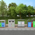 Public Facility Colorful Recycling Trash Bins On Sidewalk In Park With Green Trees