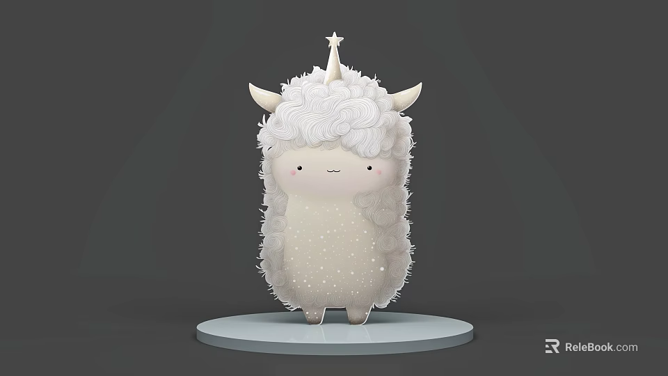 Cute Fluffy Cartoon Character With Star Horn White Dots And Round Base 3d model 