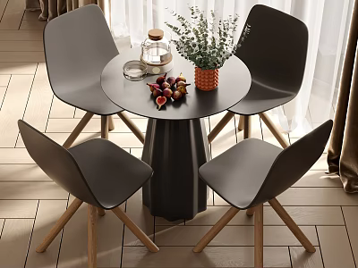 Round Dining Table Set with Four Black Chairs Wooden Legs and Decorative Vase Plants 3d model