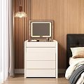 White Dresser With Mirror And Drawers In Bedroom With Wooden Wall And Pendant Lamp