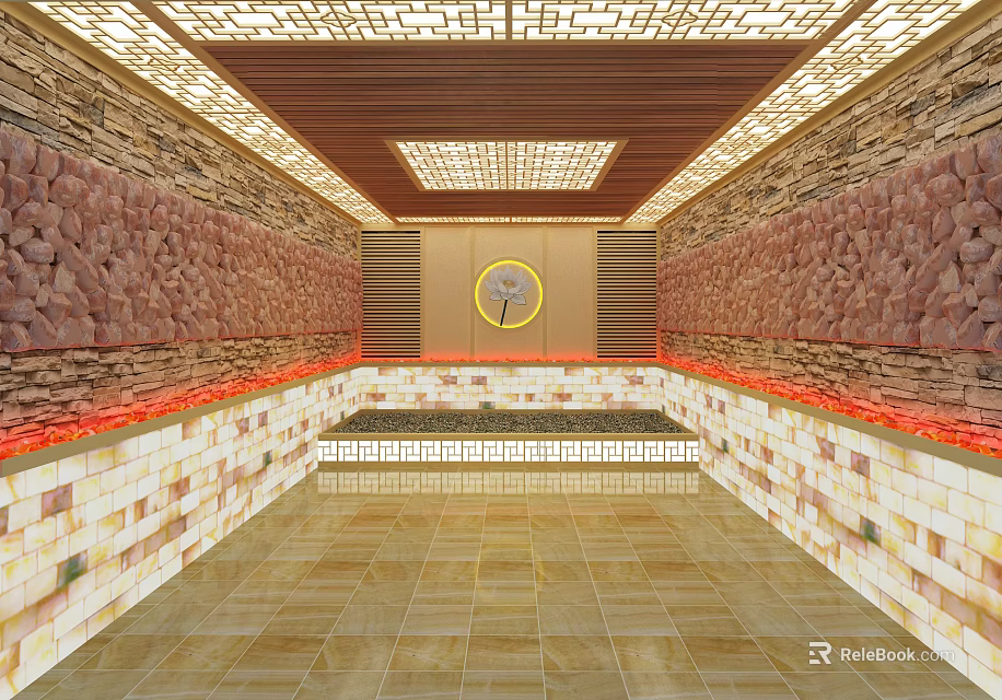 Elegant SPA Sauna Interior Design With Wooden Ceiling Stone Walls Recessed Lighting And Tile Flooring 3d model 