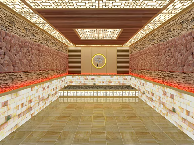 Elegant SPA Sauna Interior Design With Wooden Ceiling Stone Walls Recessed Lighting And Tile Flooring 3d model