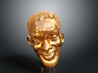 Golden Human Head Sculpture Showcasing Detailed Facial Features And Shiny Surface 3d model