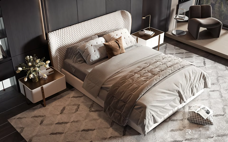 Modern Double Bed With Woven Headboard Plush Pillows Bedside Tables Vase Flowers Geometric Rug 3d model 