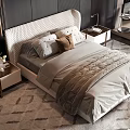 Modern Double Bed With Woven Headboard Plush Pillows Bedside Tables Vase Flowers Geometric Rug