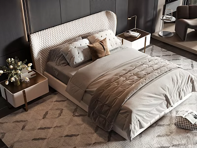 Modern Double Bed With Woven Headboard Plush Pillows Bedside Tables Vase Flowers Geometric Rug 3d model