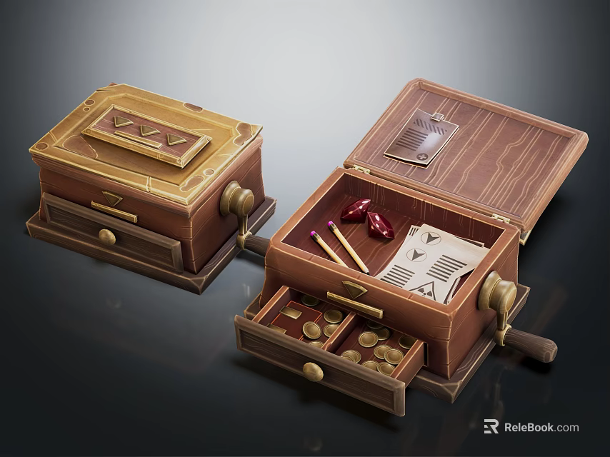 Wooden Decorative Ornament Box Set Two Closed And Open With Coins Paper Notes Small Ornaments 3d model 