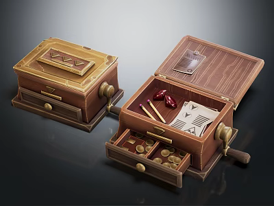 Wooden Decorative Ornament Box Set Two Closed And Open With Coins Paper Notes Small Ornaments 3d model