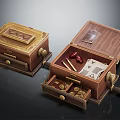 Wooden Decorative Ornament Box Set Two Closed And Open With Coins Paper Notes Small Ornaments