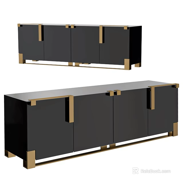 Modern Stylish Entryway Cabinet And Sideboard Design With Black Finish And Gold Accents 3d model 
