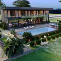 Modern Detached Villa With Large Glass Windows Lush Greenery And Lawn