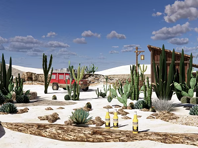 Desert Park Landscape With Red Truck Cacti Plants And Wooden Cabin Under Blue Sky 3d model