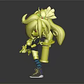 3D Modeled Cartoon Character With Blue Hair And Creature Headpiece Holding Green White Weapon