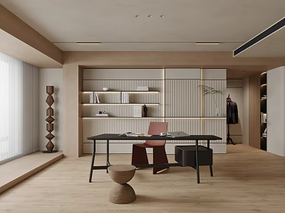 Minimalist Home Study With Wooden Bookshelves Black Desk And Red Chair 3d model