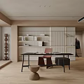 Minimalist Home Study With Wooden Bookshelves Black Desk And Red Chair