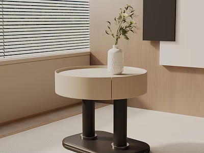 Modern Round Bedside Table with White Vase and Flowers in Minimalist Room with Window Blinds 3d model