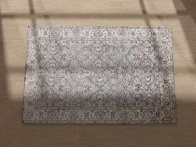 Elegant Square Area Rug With Intricate Patterns And Neutral Tones On Wooden Floor 3d model