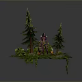 Game Fantasy Character 3D Model in Lush Grass with Pine Trees Mushrooms Stones and Vines