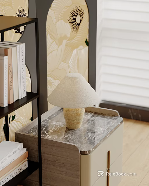 Cream Linen Shade Table Lamp On Marble Countertop With Floral Wallpaper And Bookshelf 3d model 