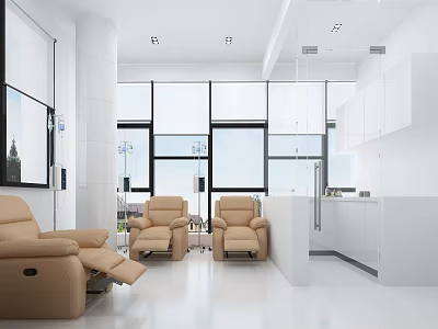 Modern Bright Lounge Interior With Beige Leather Recliners Large Windows And White Cabinets 3d model