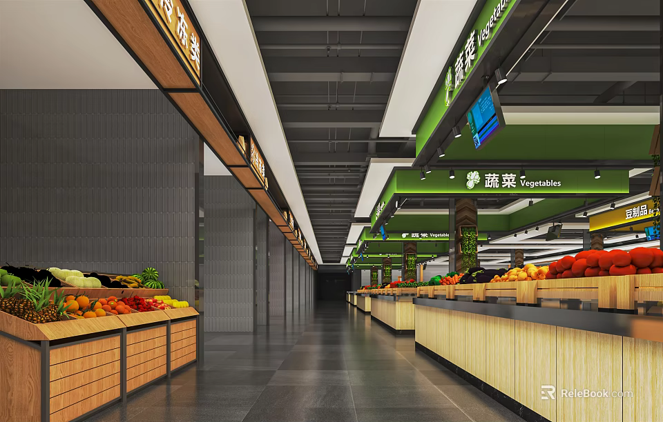 Supermarket Grocery Store With Vegetable Fruit Section Wooden Shelves Fresh Produce Spacious Aisles 3d model 