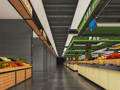 Supermarket Grocery Store With Vegetable Fruit Section Wooden Shelves Fresh Produce Spacious Aisles 3d model