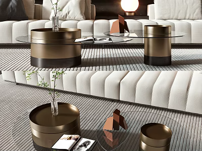 Elegant Modern Coffee Table With Glass Top Metal Base Small Plant And White Sofa 3d model