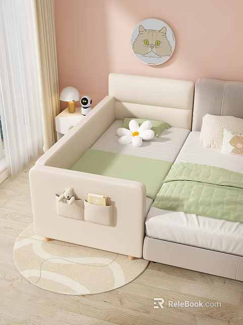 Beige Kids Bed With Guardrails Green Mattress White Flower And Side Pockets 3d model 