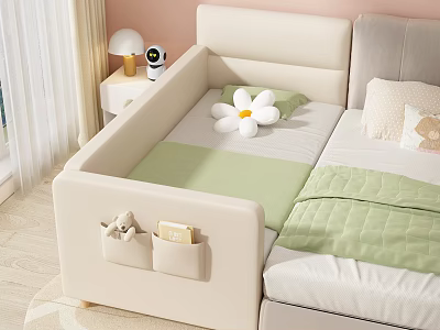 Beige Kids Bed With Guardrails Green Mattress White Flower And Side Pockets 3d model