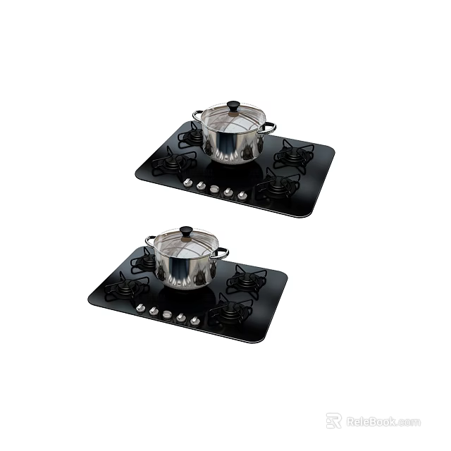 Two Black Gas Stove Kitchen Appliances With Pots And Control Knobs 3d model