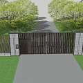 Entrance Gate With Modern Metal Grille Design Stone Walls Green Trees And Driveway
