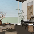 Traditional Tea Room Interior With Bamboo Plant Calligraphy Scroll Wooden Chair And Natural Light