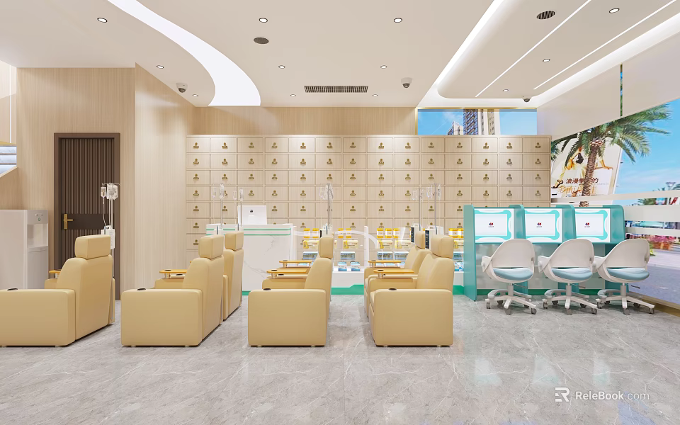 Hospital Outpatient Clinic Interior With Comfortable Chairs Lockers And Examination Stations 3d model 