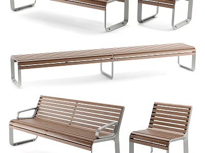 Modern Wooden Outdoor Bench And Chairs With Metal Frame For Garden Use 3d model