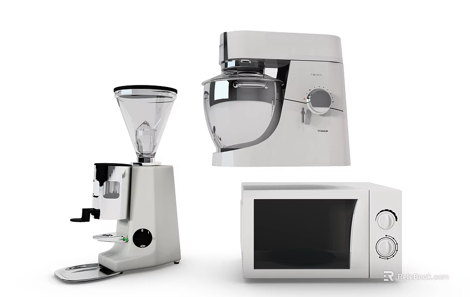 Modern White Kitchen Appliances Including Coffee Grinder Stand Mixer And Microwave 3d model 