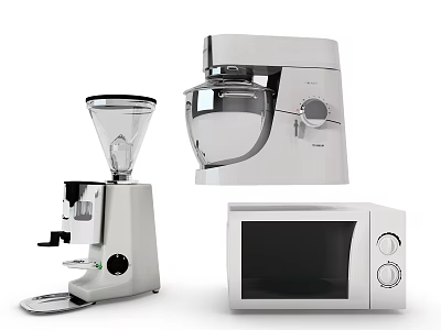 Modern White Kitchen Appliances Including Coffee Grinder Stand Mixer And Microwave 3d model