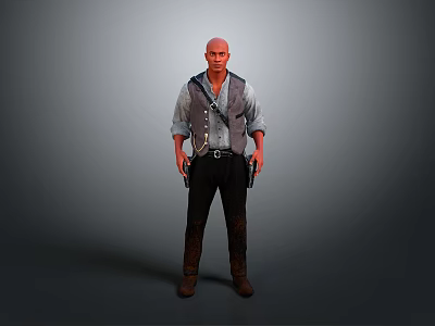 Bald Male Character Standing In Gray Vest Light Blue Rolled Sleeves Gun Holster Brown Boots 3d model