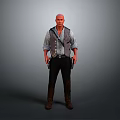 Bald Male Character Standing In Gray Vest Light Blue Rolled Sleeves Gun Holster Brown Boots