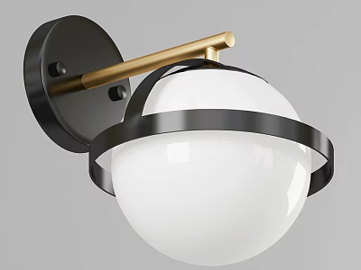 Modern Black Base Wall Lamp with Golden Arm White Spherical Shade and Black Ring Accent 3d model