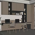 Modern Home Office Interior With Wooden Bookshelf Double Desk Laptops Comfortable Chairs And Large Plant