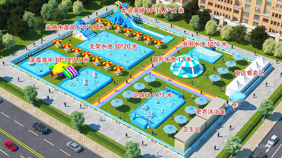 Colorful Water Park Playground with Pirate Pool Kids Pool Round Pool Sunshade Umbrellas and Slides 3d model 