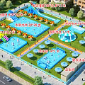 Colorful Water Park Playground with Pirate Pool Kids Pool Round Pool Sunshade Umbrellas and Slides