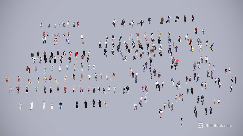 Large Group of People on Gray Background with Various Poses and Colored Clothing 3d model 