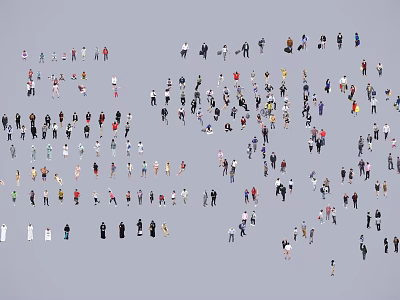 Large Group of People on Gray Background with Various Poses and Colored Clothing 3d model
